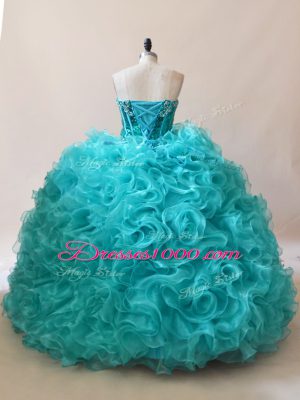 Beautiful Floor Length 15th Birthday Dress Aqua Blue for Sweet 16 and Quinceanera with Ruffles and Sequins