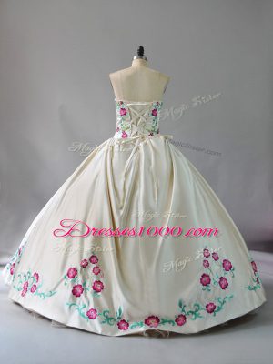 Champagne Satin and Tulle Lace Up Sweetheart Sleeveless Floor Length Ball Gown Prom Dress Embroidery