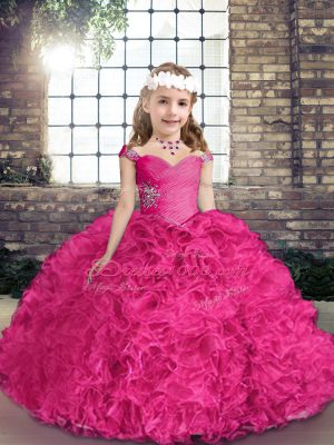 Sleeveless Floor Length Beading Lace Up Little Girls Pageant Gowns with Fuchsia