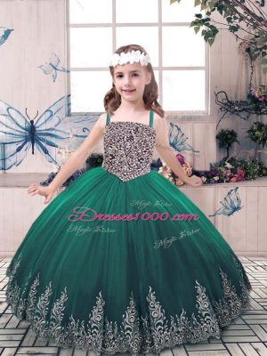 Sleeveless Floor Length Beading and Embroidery Lace Up Little Girls Pageant Dress with Green