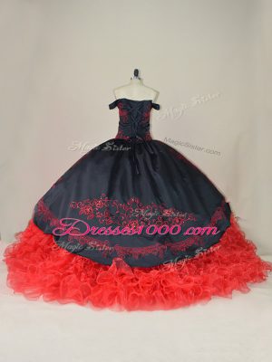 Fashion Lace Up Quinceanera Gowns Red And Black for Sweet 16 and Quinceanera with Embroidery and Ruffles Brush Train