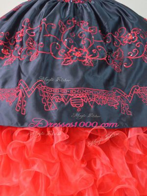Fashion Lace Up Quinceanera Gowns Red And Black for Sweet 16 and Quinceanera with Embroidery and Ruffles Brush Train