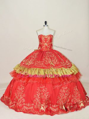 Gorgeous Red Lace Up Ball Gown Prom Dress Embroidery and Bowknot Sleeveless Floor Length