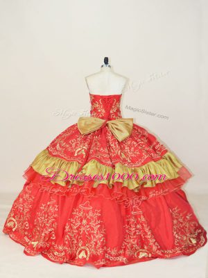 Gorgeous Red Lace Up Ball Gown Prom Dress Embroidery and Bowknot Sleeveless Floor Length