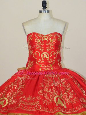 Gorgeous Red Lace Up Ball Gown Prom Dress Embroidery and Bowknot Sleeveless Floor Length