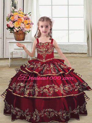 Burgundy Straps Neckline Embroidery and Ruffled Layers Pageant Dress Sleeveless Lace Up