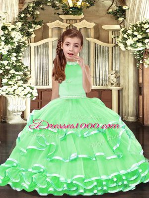 Simple Halter Top Sleeveless Organza Kids Pageant Dress Beading and Ruffled Layers Backless