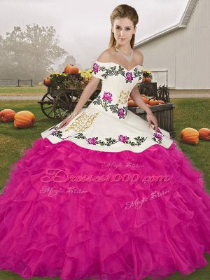 Elegant Sleeveless Organza Floor Length Lace Up Sweet 16 Quinceanera Dress in Fuchsia with Embroidery and Ruffles