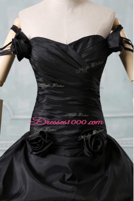 Black Taffeta Lace Up Off The Shoulder Sleeveless 15th Birthday Dress Brush Train Pick Ups and Hand Made Flower