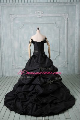 Black Taffeta Lace Up Off The Shoulder Sleeveless 15th Birthday Dress Brush Train Pick Ups and Hand Made Flower