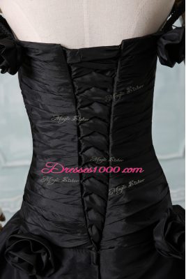 Black Taffeta Lace Up Off The Shoulder Sleeveless 15th Birthday Dress Brush Train Pick Ups and Hand Made Flower