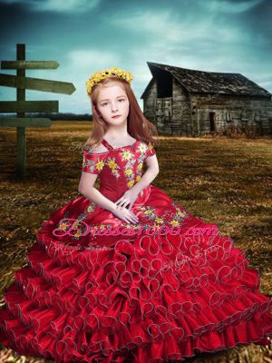 Red Short Sleeves Embroidery and Ruffled Layers Floor Length Little Girl Pageant Dress