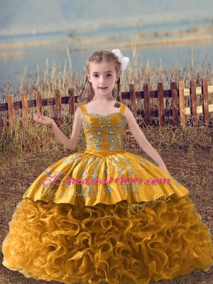 Sleeveless Sweep Train Lace Up Embroidery Kids Pageant Dress