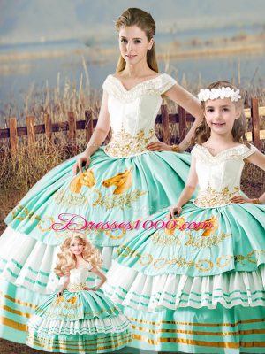 Affordable Apple Green Satin Lace Up 15 Quinceanera Dress Sleeveless Floor Length Embroidery and Ruffled Layers