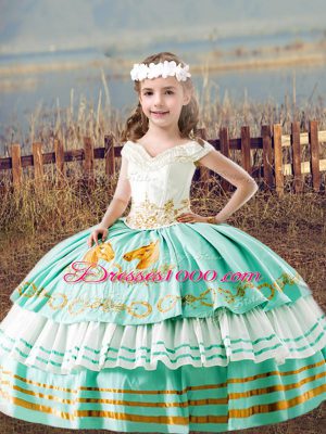 Affordable Apple Green Satin Lace Up 15 Quinceanera Dress Sleeveless Floor Length Embroidery and Ruffled Layers