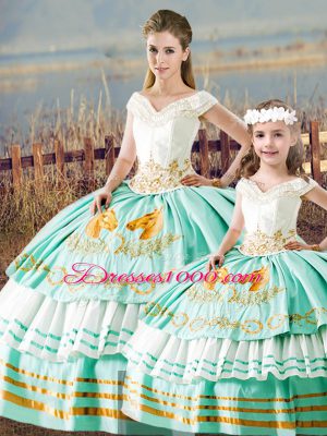 Affordable Apple Green Satin Lace Up 15 Quinceanera Dress Sleeveless Floor Length Embroidery and Ruffled Layers