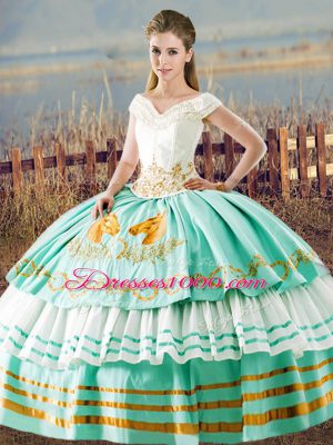 Affordable Apple Green Satin Lace Up 15 Quinceanera Dress Sleeveless Floor Length Embroidery and Ruffled Layers