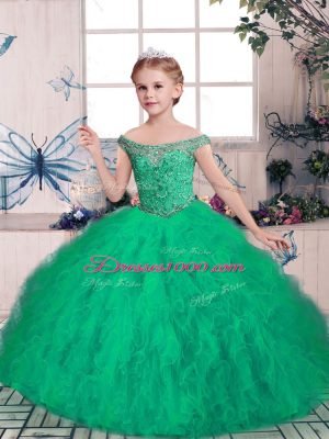 Top Selling Floor Length Lace Up Little Girl Pageant Gowns Green for Party and Sweet 16 and Wedding Party with Beading