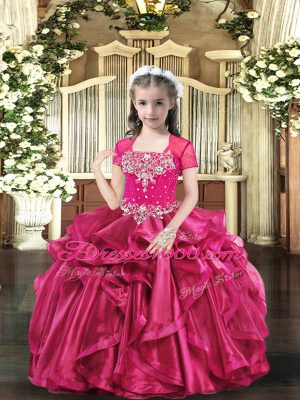 Straps Sleeveless Kids Pageant Dress Floor Length Beading Hot Pink Organza