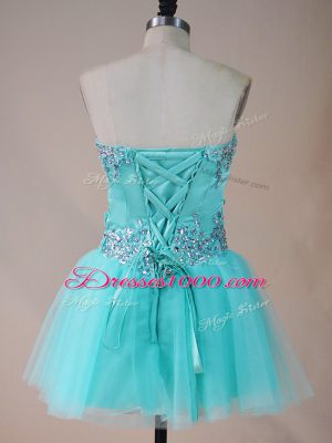 Edgy Beading Club Wear Aqua Blue Lace Up Sleeveless Mini Length