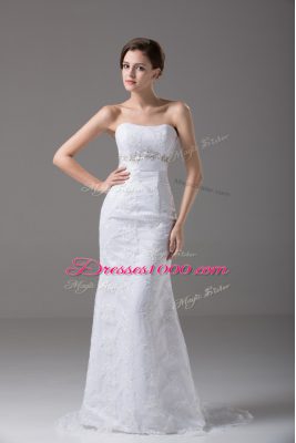Brush Train Mermaid Wedding Gown White Strapless Tulle Sleeveless Zipper