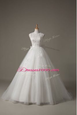 Free and Easy Sleeveless Brush Train Lace Up Beading and Lace and Bowknot Wedding Gown