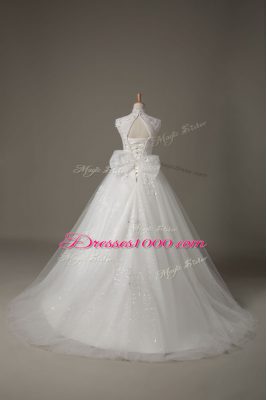 Free and Easy Sleeveless Brush Train Lace Up Beading and Lace and Bowknot Wedding Gown