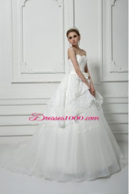 White Organza Lace Up Wedding Gown Sleeveless Brush Train Beading and Lace and Bowknot