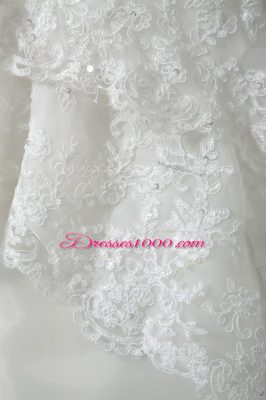 White Organza Lace Up Wedding Gown Sleeveless Brush Train Beading and Lace and Bowknot