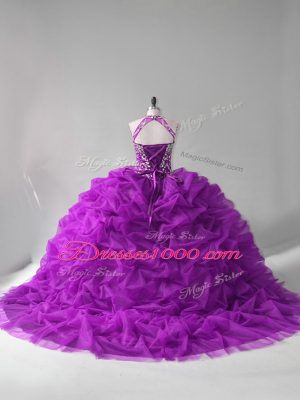 Vintage Purple Organza Lace Up Halter Top Sleeveless Quinceanera Dresses Court Train Beading and Pick Ups