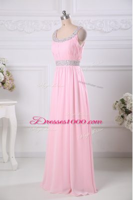 Scoop Sleeveless Evening Wear Floor Length Beading and Ruching Baby Pink Chiffon