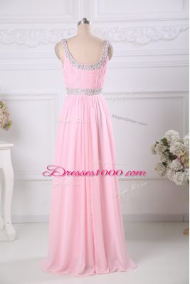 Scoop Sleeveless Evening Wear Floor Length Beading and Ruching Baby Pink Chiffon