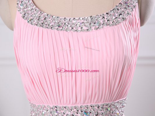 Scoop Sleeveless Evening Wear Floor Length Beading and Ruching Baby Pink Chiffon