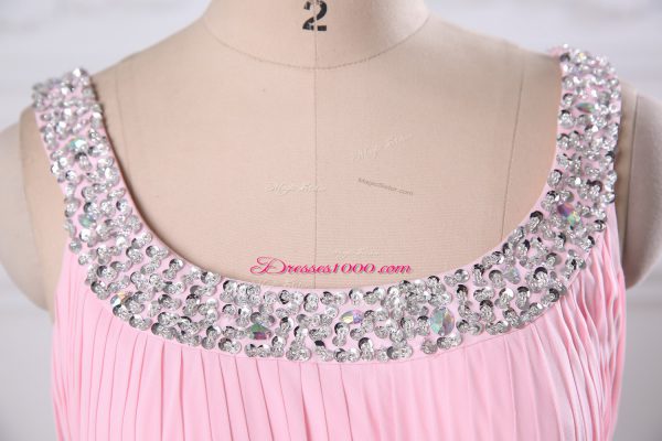 Scoop Sleeveless Evening Wear Floor Length Beading and Ruching Baby Pink Chiffon