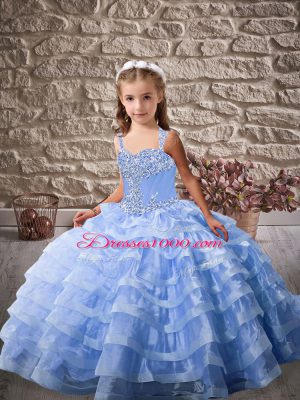 Inexpensive Blue Straps Lace Up Beading and Ruffled Layers Party Dress for Girls Brush Train Sleeveless