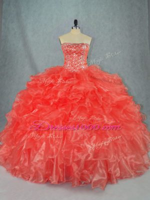 Beading and Ruffles Ball Gown Prom Dress Red Lace Up Sleeveless Floor Length