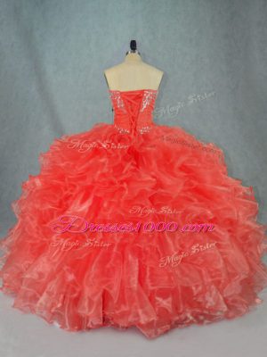 Beading and Ruffles Ball Gown Prom Dress Red Lace Up Sleeveless Floor Length