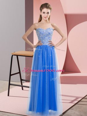 Captivating Blue Empire Sweetheart Sleeveless Tulle Floor Length Lace Up Beading Prom Evening Gown