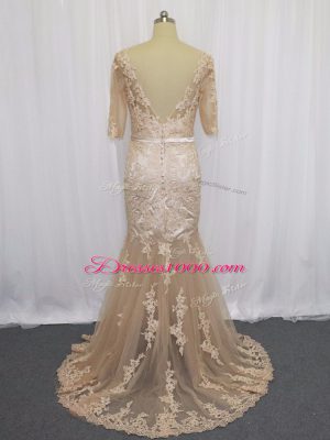 Mermaid Half Sleeves Champagne Brush Train Backless