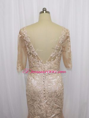 Mermaid Half Sleeves Champagne Brush Train Backless