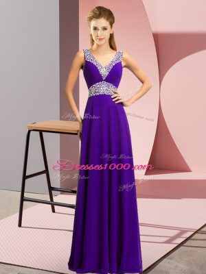 Sleeveless Chiffon Floor Length Lace Up Prom Gown in Purple with Beading