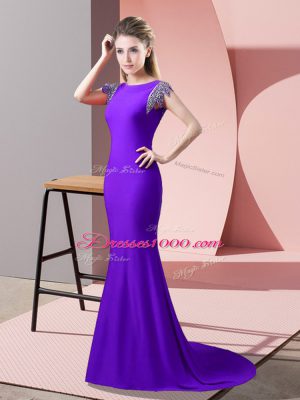 Adorable Lavender Red Carpet Prom Dress Prom and Party with Beading High-neck Short Sleeves Brush Train Backless