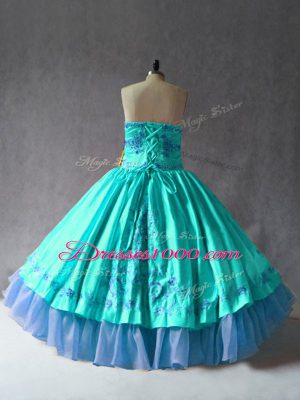 Aqua Blue Sleeveless Floor Length Embroidery Lace Up Vestidos de Quinceanera