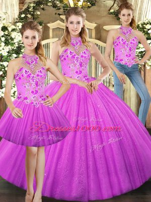 Graceful Halter Top Sleeveless Quinceanera Gowns Floor Length Embroidery Lilac Tulle