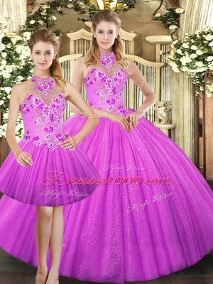 Graceful Halter Top Sleeveless Quinceanera Gowns Floor Length Embroidery Lilac Tulle