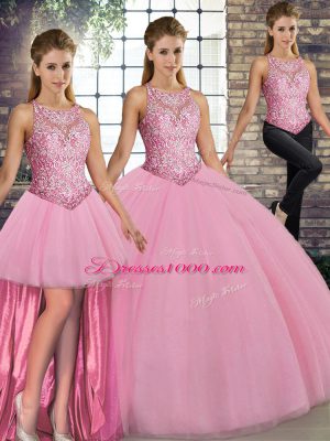 Sleeveless Floor Length Embroidery Lace Up Quince Ball Gowns with Pink