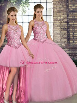 Sleeveless Floor Length Embroidery Lace Up Quince Ball Gowns with Pink