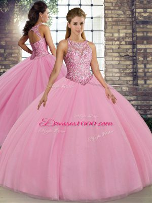 Sleeveless Floor Length Embroidery Lace Up Quince Ball Gowns with Pink