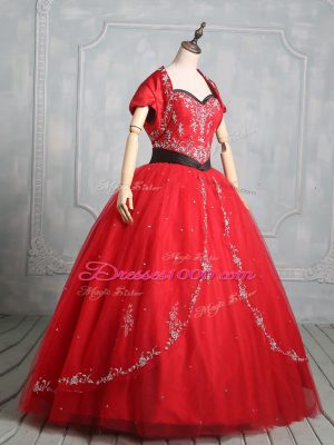 Floor Length Red Vestidos de Quinceanera Tulle Sleeveless Embroidery