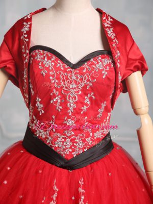 Floor Length Red Vestidos de Quinceanera Tulle Sleeveless Embroidery